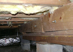 sagging crawl space with wooden shimming a Wabash crawl space